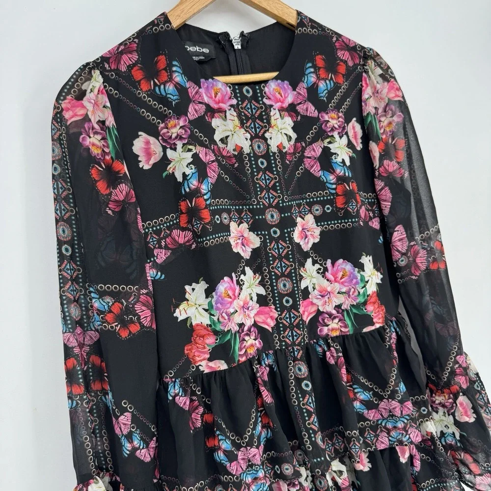 Bebe Bell Sleeve Dress Women's Small Black Pink Floral Chiffon Clara‎ Ruffle